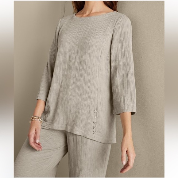 Soft Surroundings Oceo Gauze Tunic Top Pebble Taupe - Picture 3 of 7